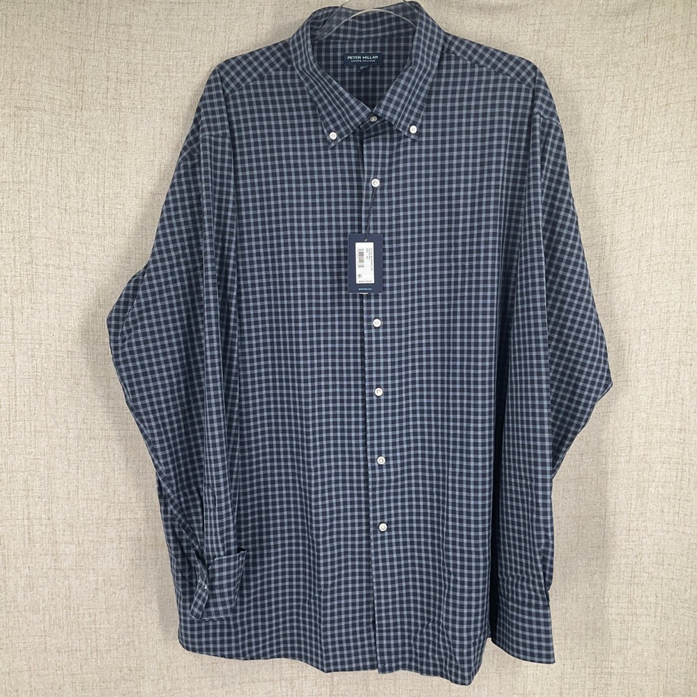Peter Millar Button Down Shirt Mens XXL Navy Crown Crafted Plaid UPF50+ NEW